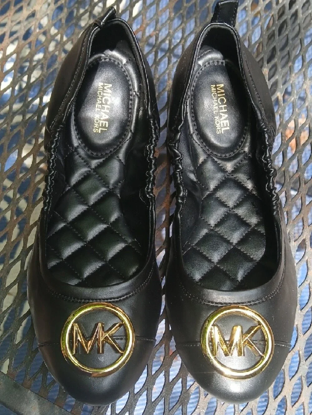 Michael Kors‎ Black,vegan Leather Ballet Flats with Gold MK Medallions,sz7.5